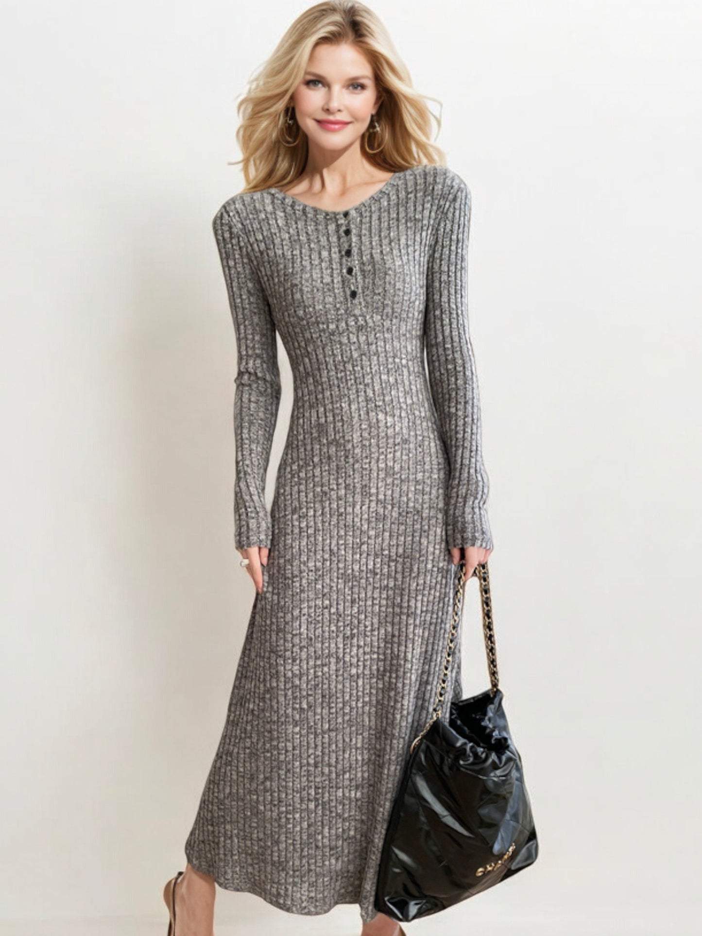 Ribbed Knit Maxi Dress with Button Detail and Long Sleeves