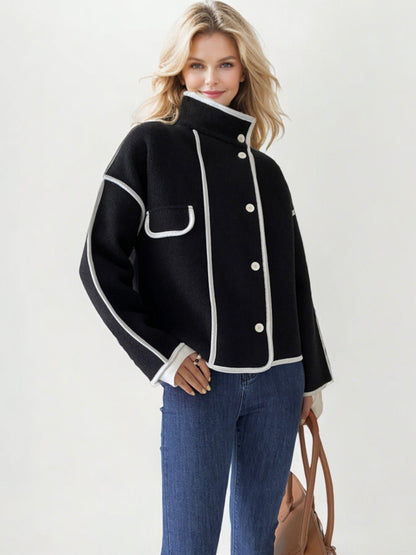 Double-Breasted Contrast Trim Wool Blend Coat with Wide Lapels