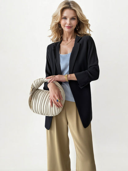 Open Front Blazer with Rolled 3/4 Sleeves and Relaxed Fit