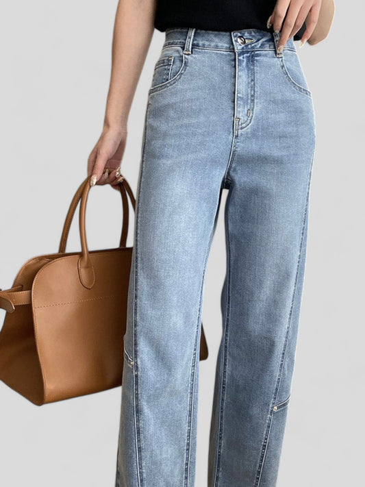 High Waist Straight Leg Denim Jeans with Seam Detail