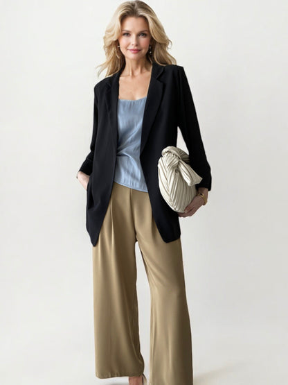 Open Front Blazer with Rolled 3/4 Sleeves and Relaxed Fit