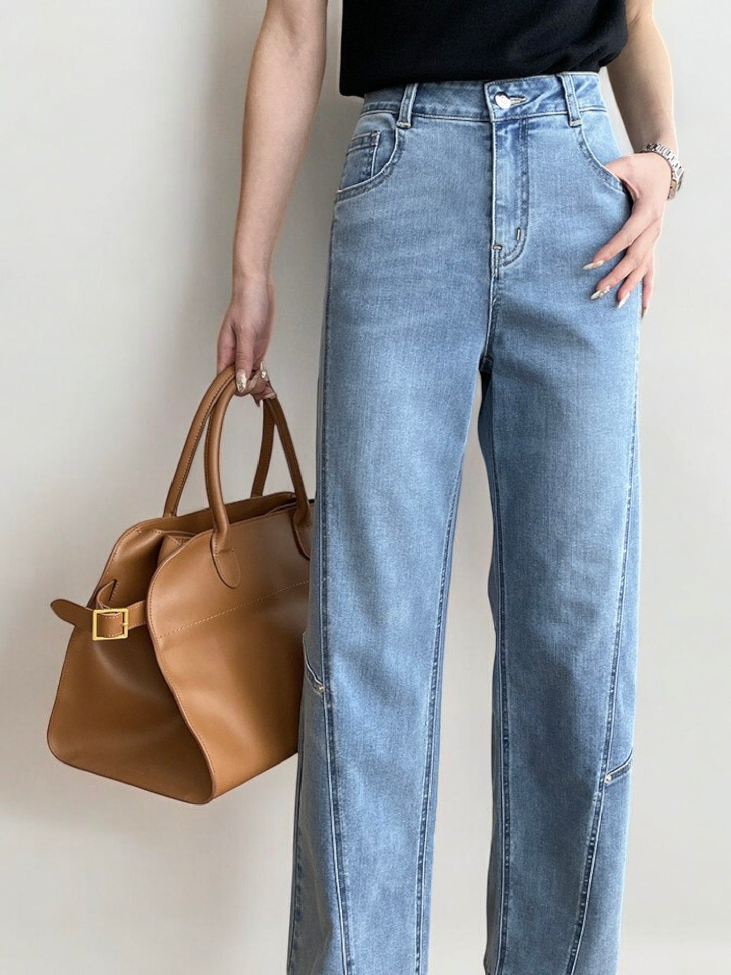 High Waist Straight Leg Denim Jeans with Seam Detail