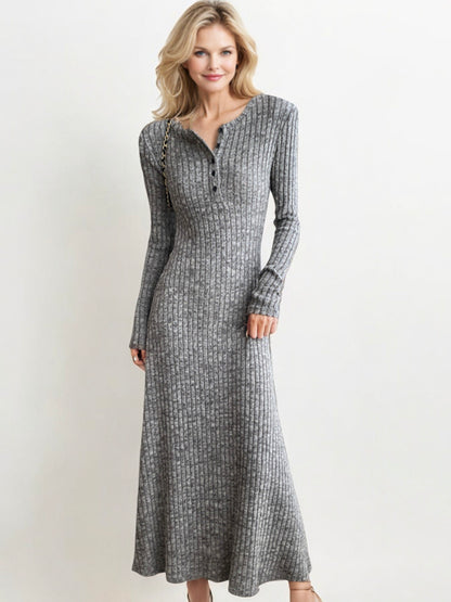 Ribbed Knit Maxi Dress with Button Detail and Long Sleeves