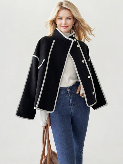 Double-Breasted Contrast Trim Wool Blend Coat with Wide Lapels