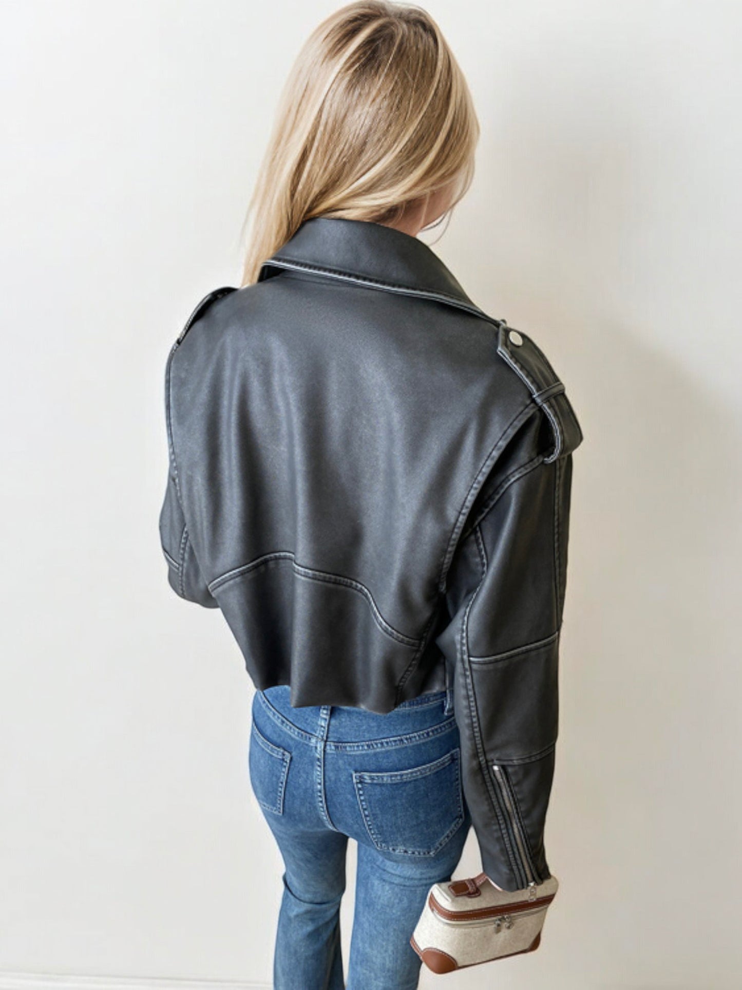 Cropped Faux Leather Moto Jacket with Zipper Details