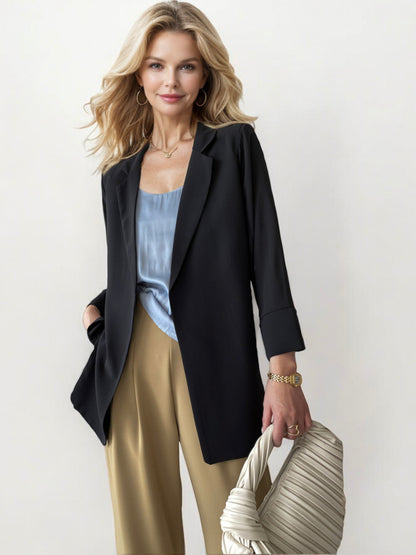 Open Front Blazer with Rolled 3/4 Sleeves and Relaxed Fit