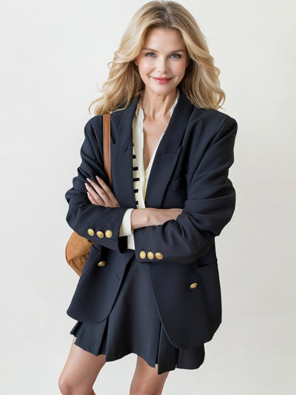 Double-Breasted Blazer with Gold Buttons and Structured Fit