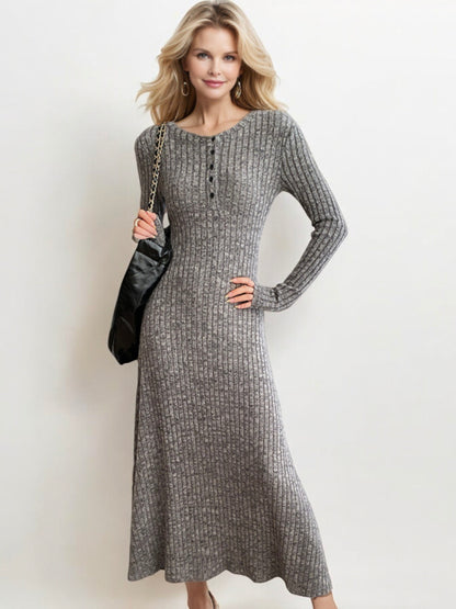 Ribbed Knit Maxi Dress with Button Detail and Long Sleeves