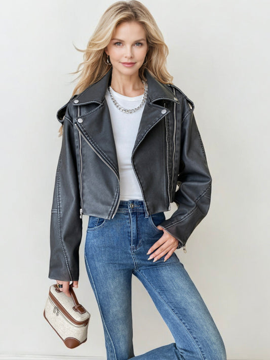 Cropped Faux Leather Moto Jacket with Zipper Details