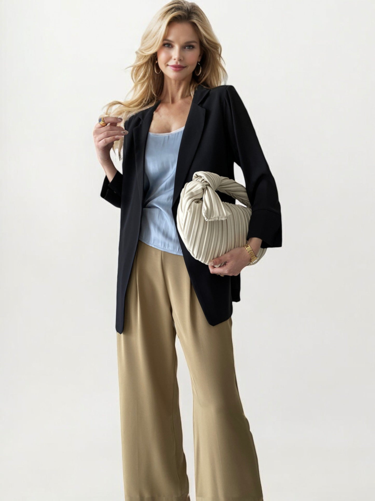 Open Front Blazer with Rolled 3/4 Sleeves and Relaxed Fit