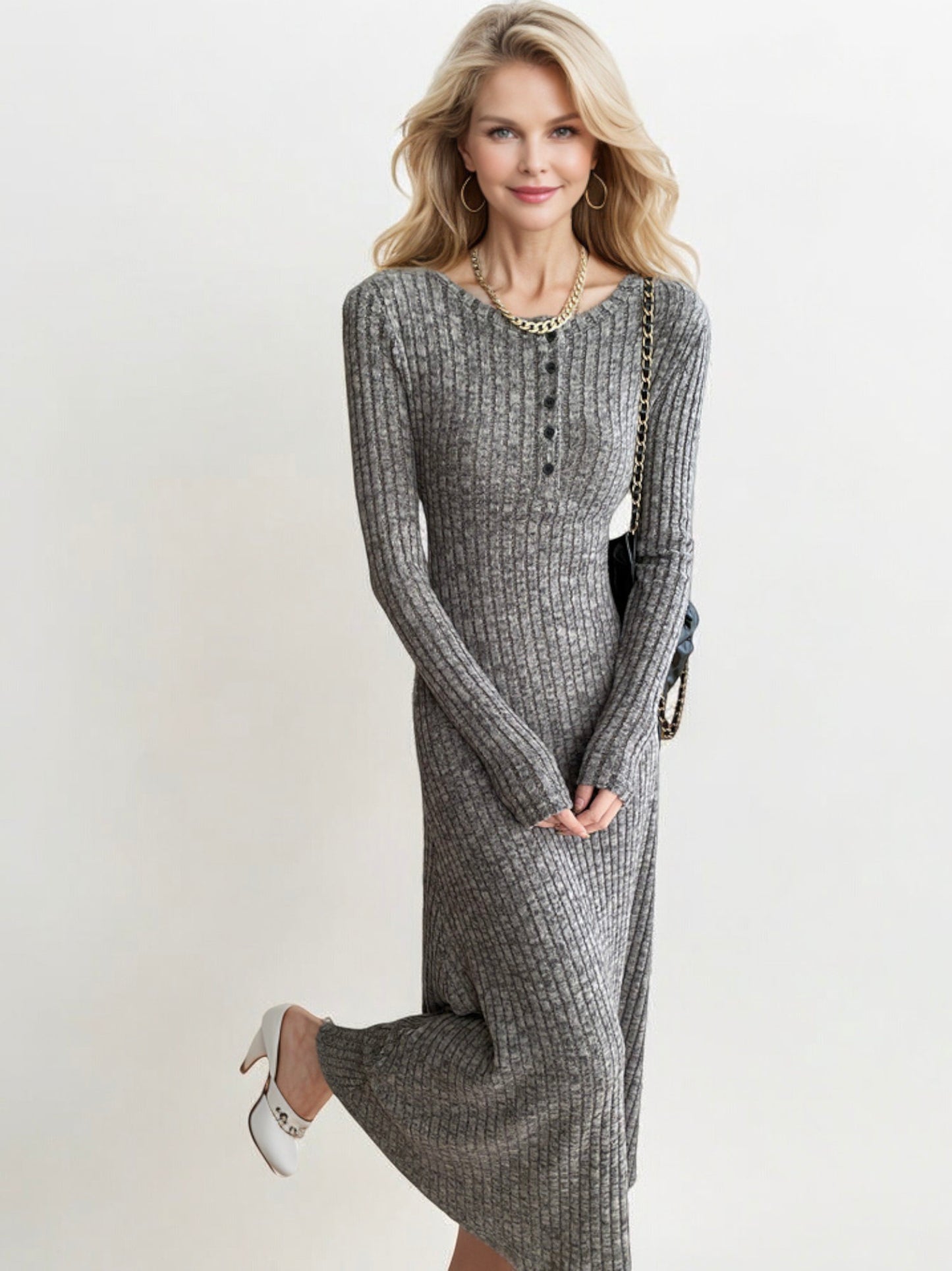 Ribbed Knit Maxi Dress with Button Detail and Long Sleeves