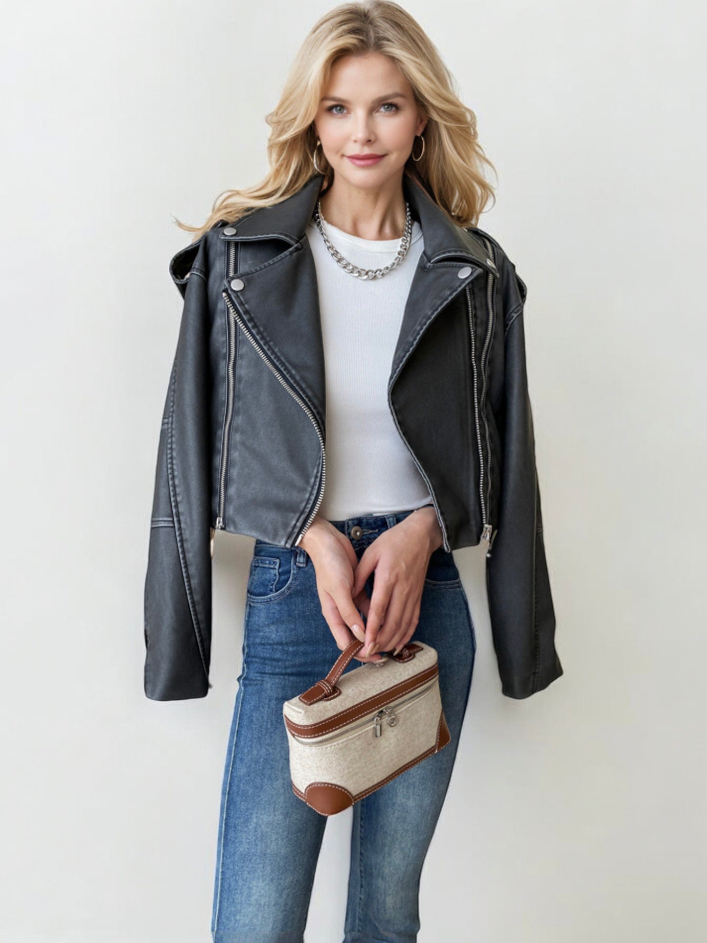 Cropped Faux Leather Moto Jacket with Zipper Details