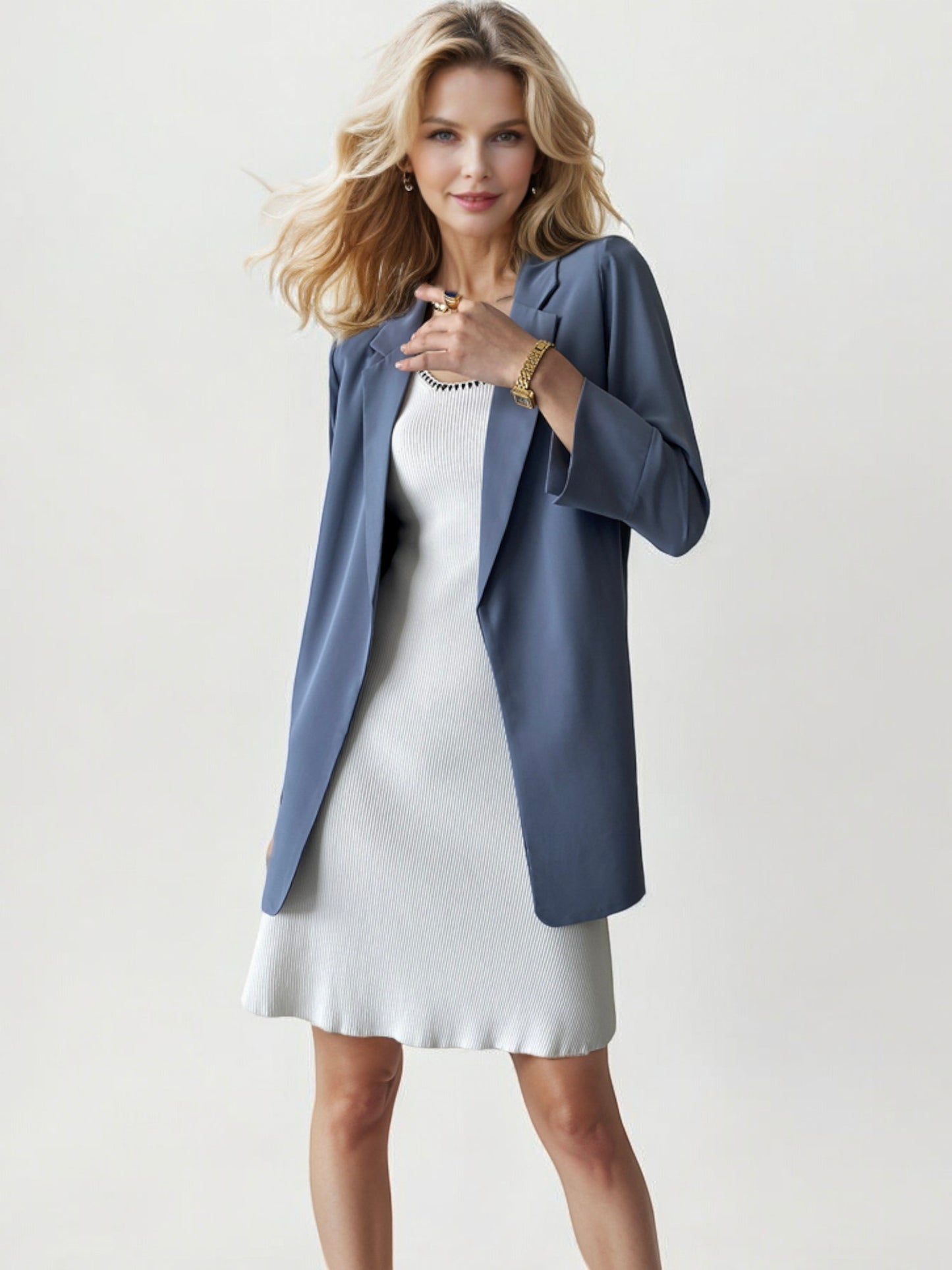 Open Front Blazer with Rolled 3/4 Sleeves and Relaxed Fit