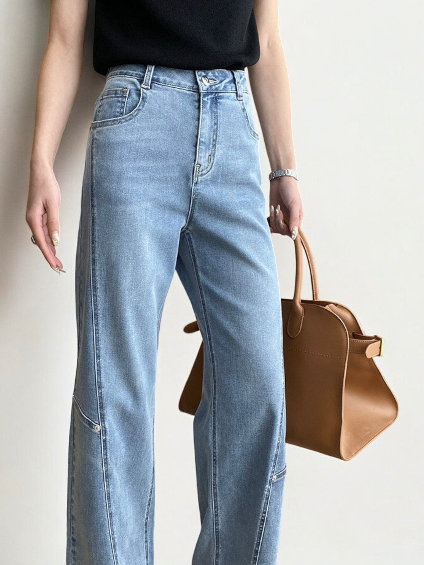 High Waist Straight Leg Denim Jeans with Seam Detail