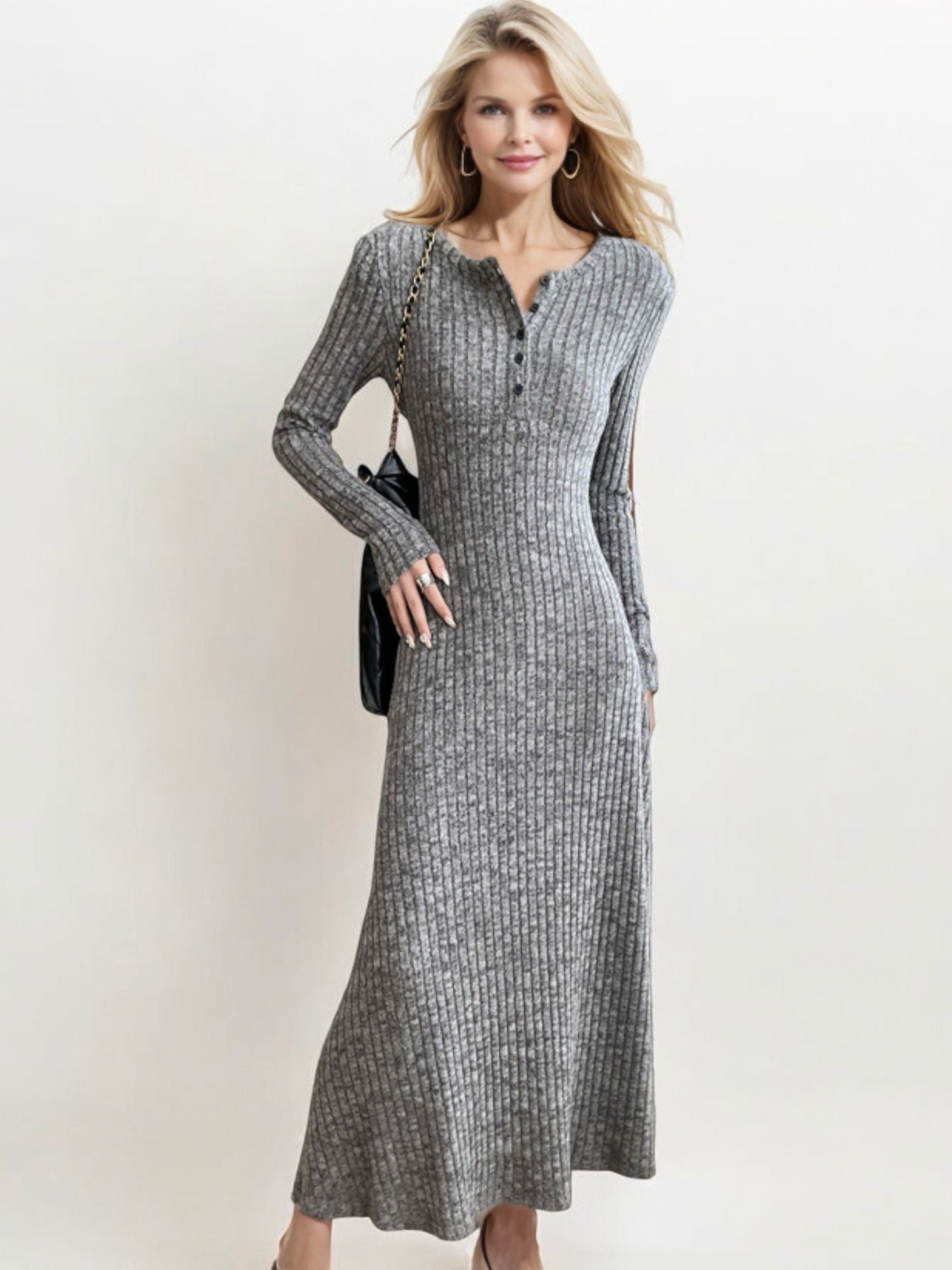 Ribbed Knit Maxi Dress with Button Detail and Long Sleeves