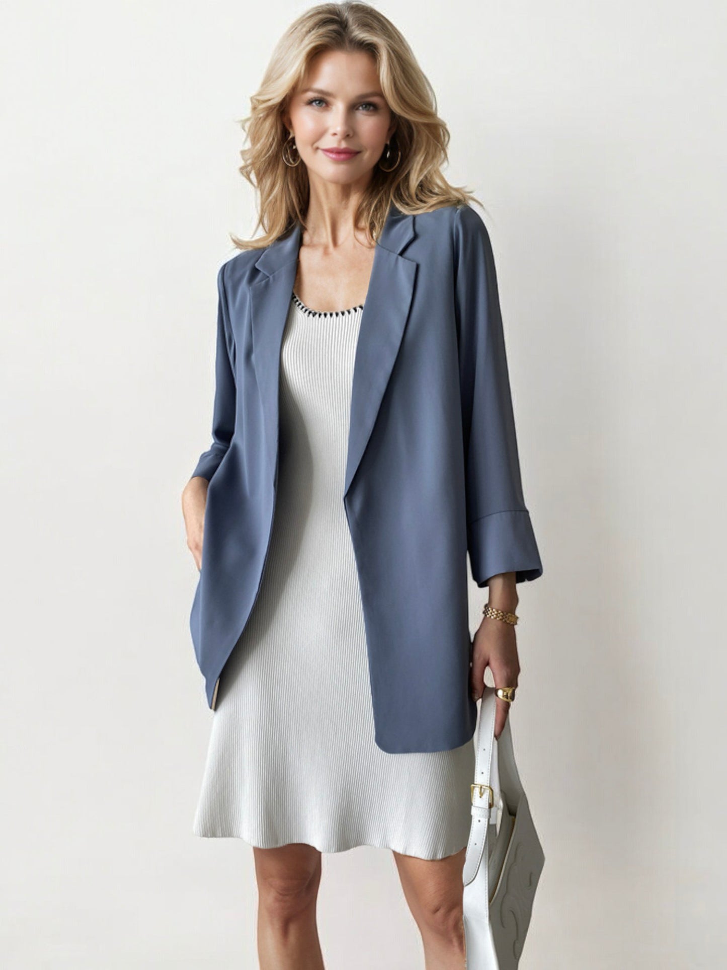 Open Front Blazer with Rolled 3/4 Sleeves and Relaxed Fit