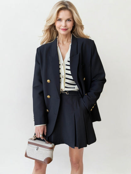 Double-Breasted Blazer with Gold Buttons and Structured Fit