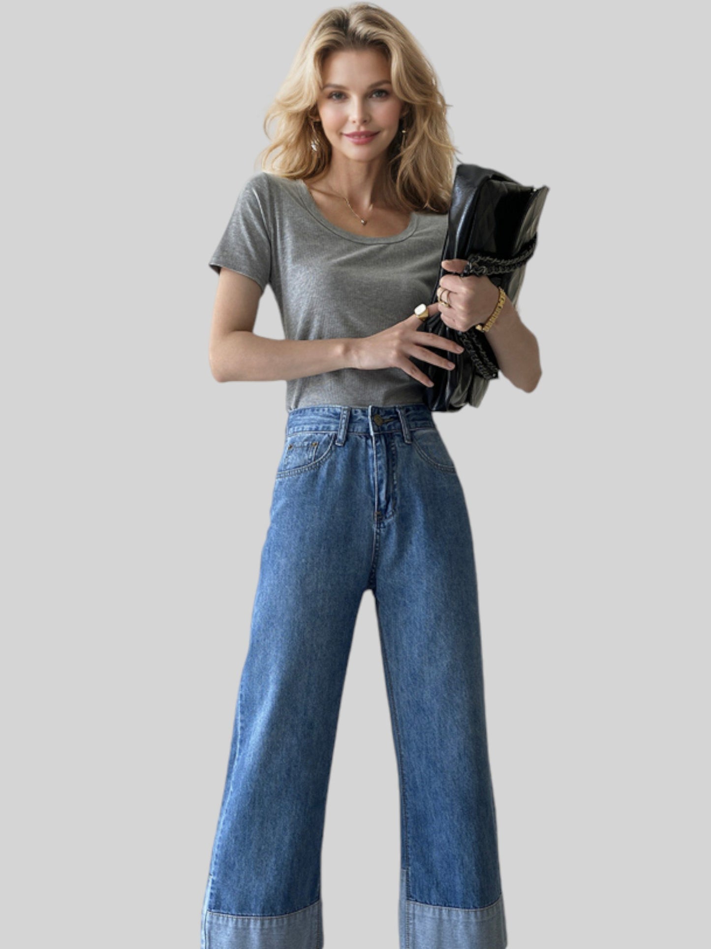 High Waist Wide Leg Denim Jeans with Cuffed Hem