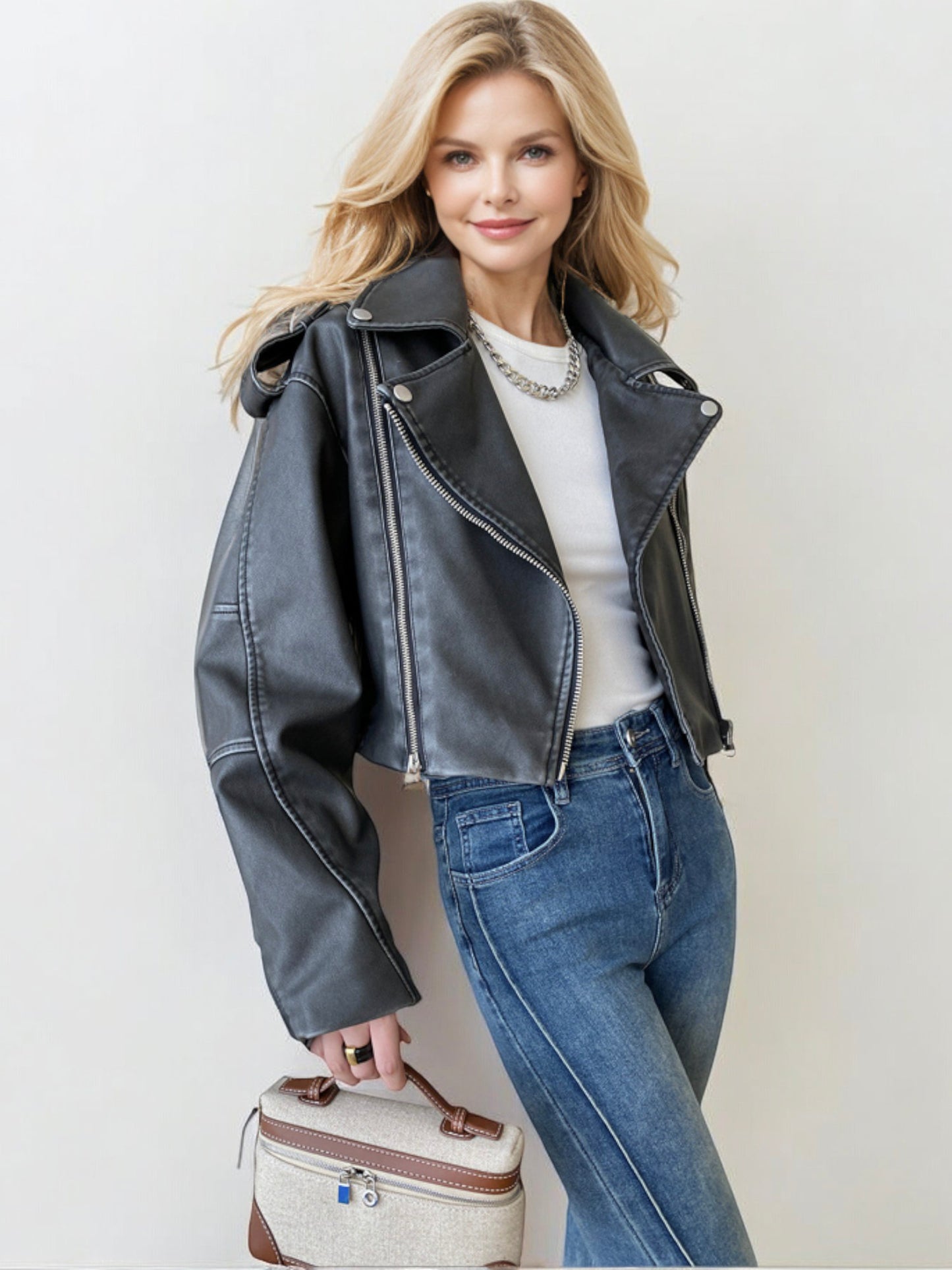 Cropped Faux Leather Moto Jacket with Zipper Details