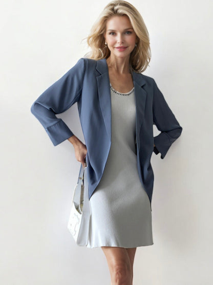 Open Front Blazer with Rolled 3/4 Sleeves and Relaxed Fit