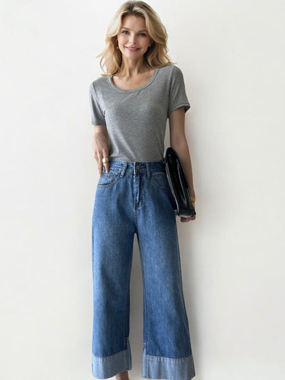 High Waist Wide Leg Denim Jeans with Cuffed Hem