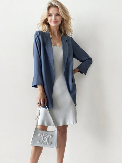 Open Front Blazer with Rolled 3/4 Sleeves and Relaxed Fit