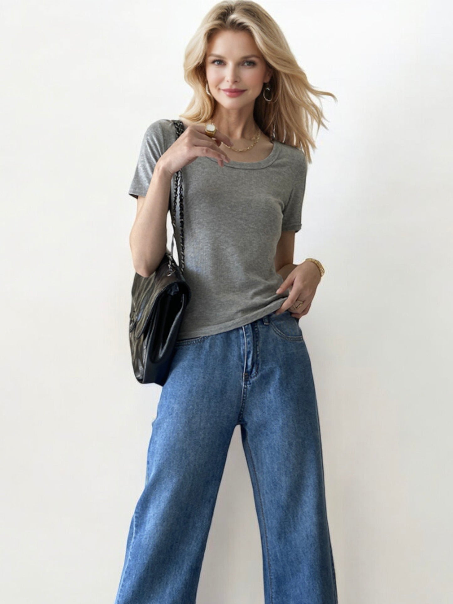 High Waist Wide Leg Denim Jeans with Cuffed Hem