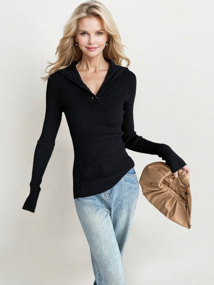 Ribbed Knit Sweater with Button-Up Collar and Long Sleeves