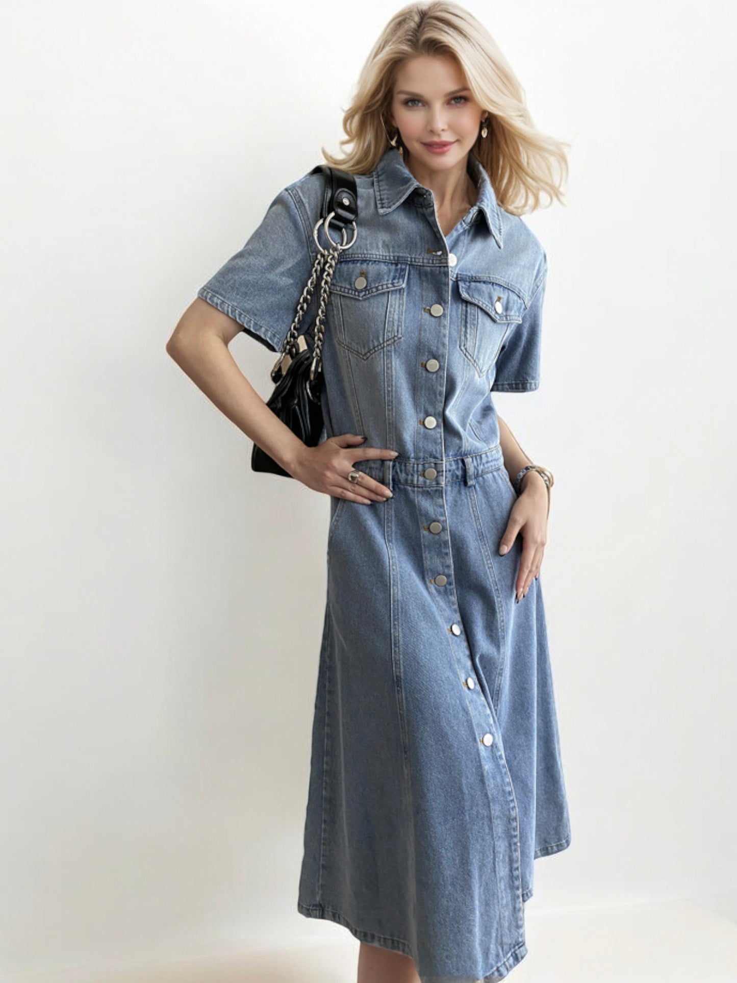 Button-Down Denim Midi Dress with Short Sleeves and Chest Pockets