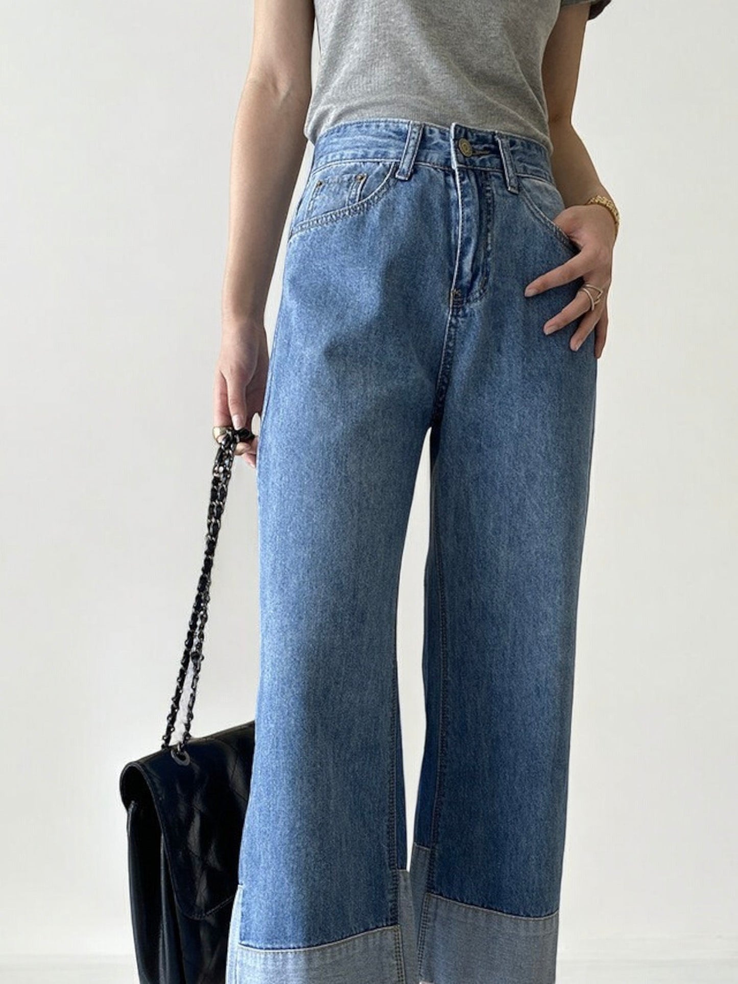 High Waist Wide Leg Denim Jeans with Cuffed Hem