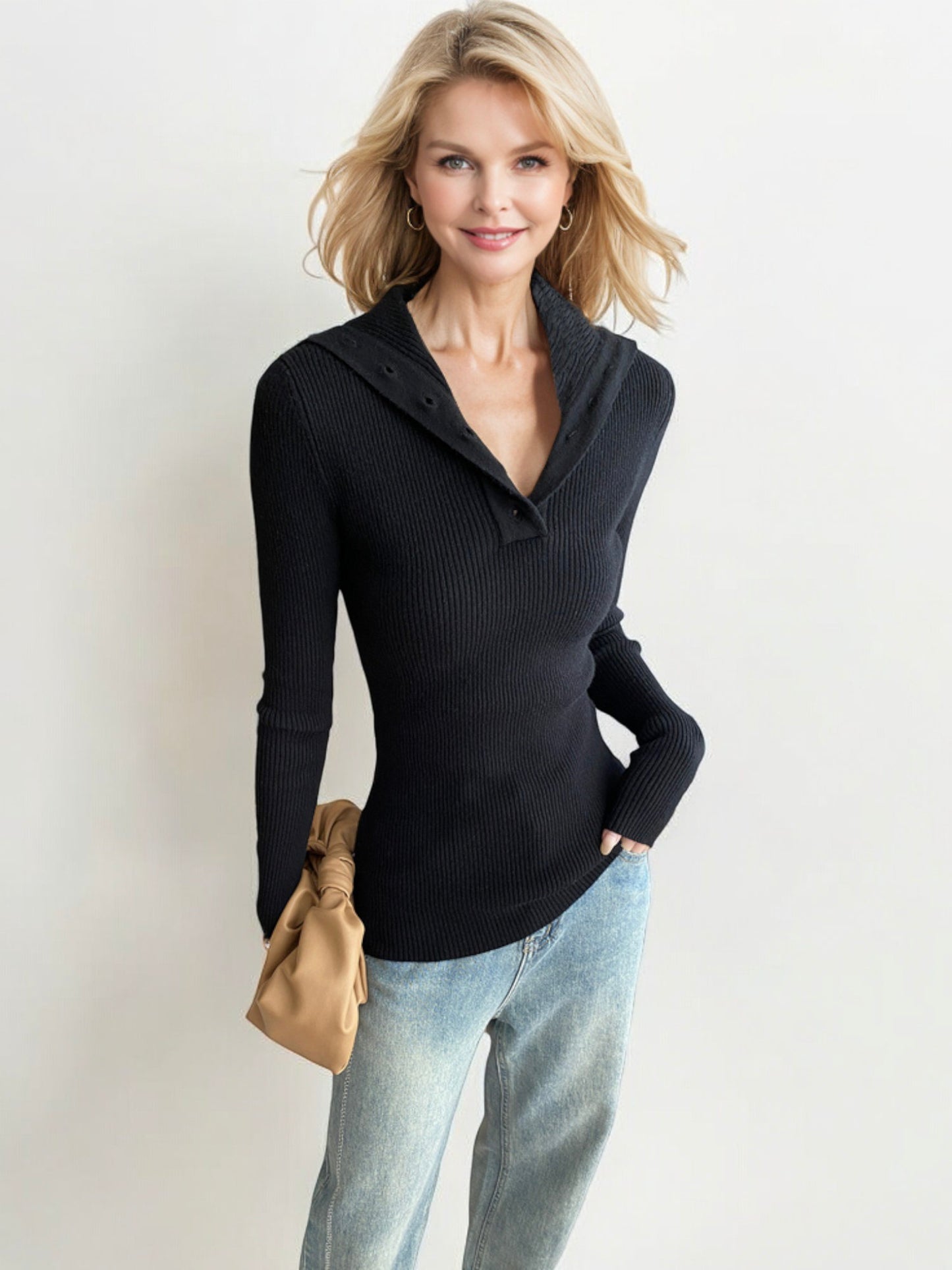 Ribbed Knit Sweater with Button-Up Collar and Long Sleeves