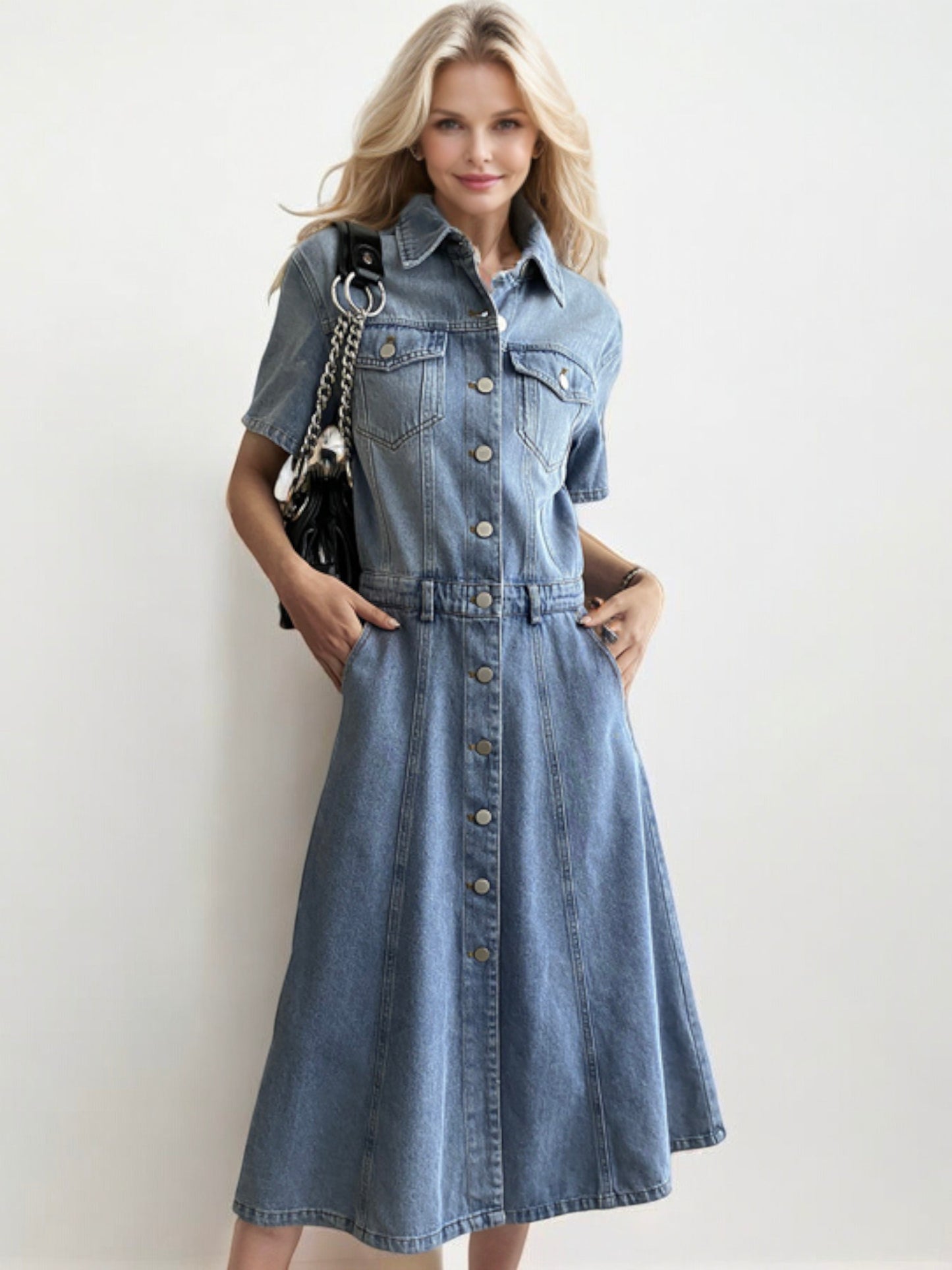 Button-Down Denim Midi Dress with Short Sleeves and Chest Pockets