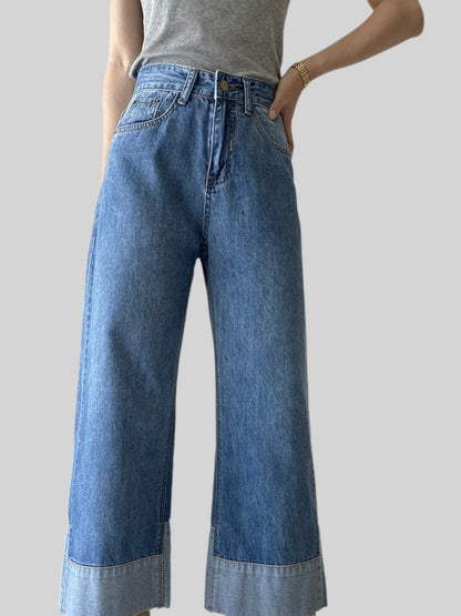 High Waist Wide Leg Denim Jeans with Cuffed Hem