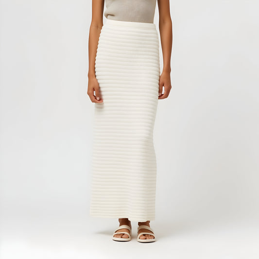 Textured Knit Midi Skirt with Ribbed Stripe Pattern and Back Slit