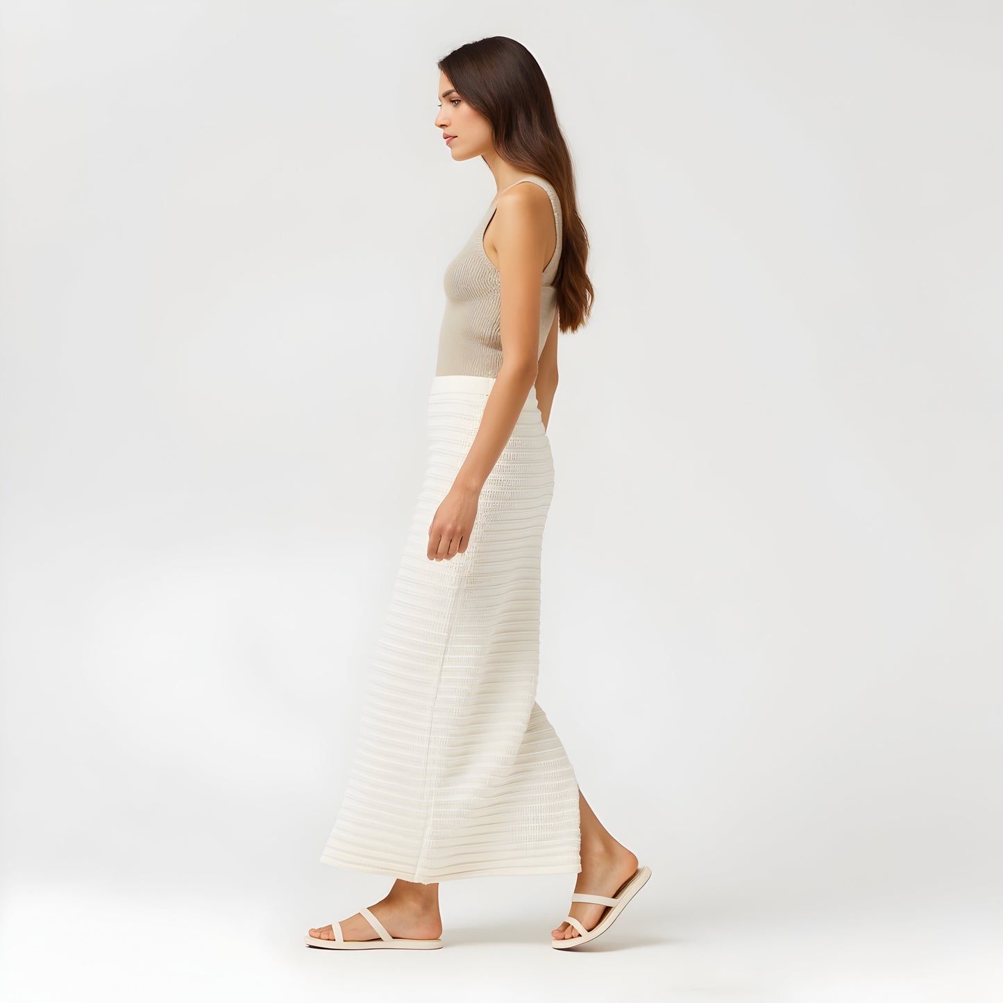 Textured Knit Midi Skirt with Ribbed Stripe Pattern and Back Slit