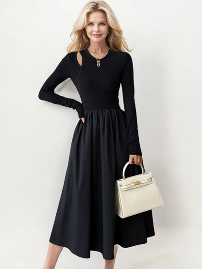 Long Sleeve Midi Dress with Cutout Shoulder and Gathered Waist