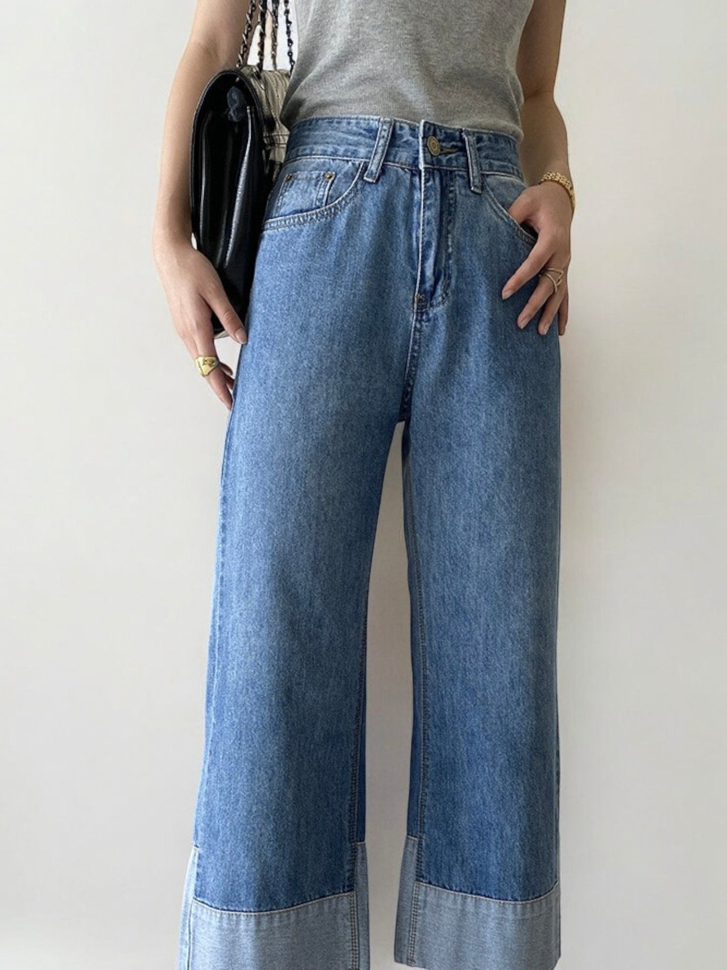 High Waist Wide Leg Denim Jeans with Cuffed Hem