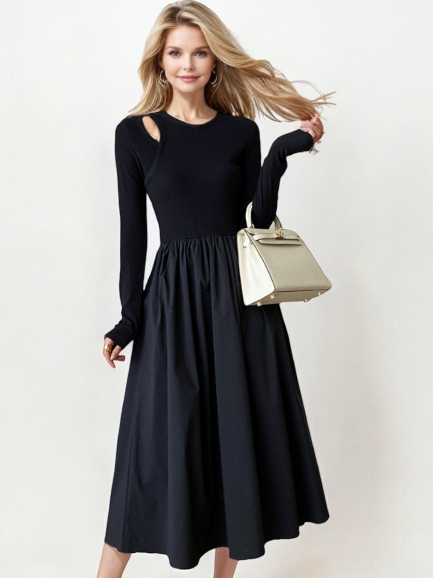 Long Sleeve Midi Dress with Cutout Shoulder and Gathered Waist