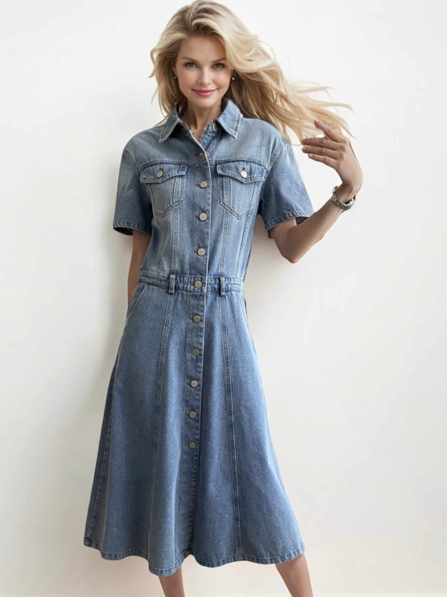 Button-Down Denim Midi Dress with Short Sleeves and Chest Pockets