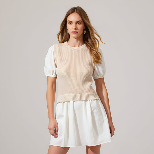 Cotton Puff Sleeve Knitted Sleeveless Sweater Mini Dress