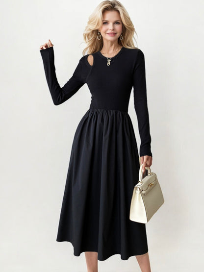 Long Sleeve Midi Dress with Cutout Shoulder and Gathered Waist