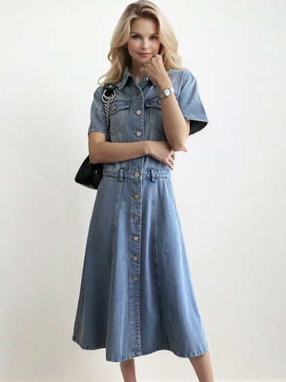 Button-Down Denim Midi Dress with Short Sleeves and Chest Pockets