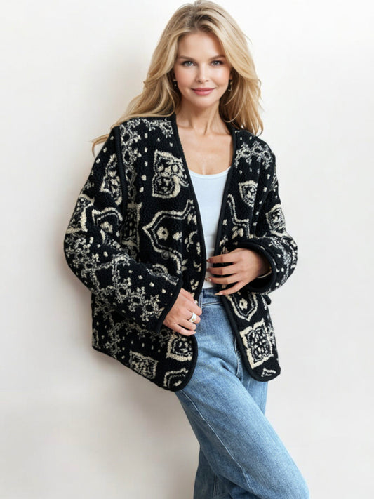 Oversized Open Front Knit Cardigan with Boho Print