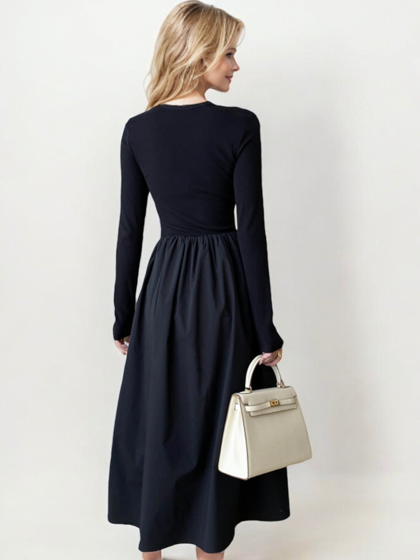 Long Sleeve Midi Dress with Cutout Shoulder and Gathered Waist