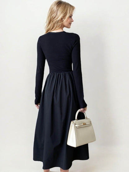 Long Sleeve Midi Dress with Cutout Shoulder and Gathered Waist