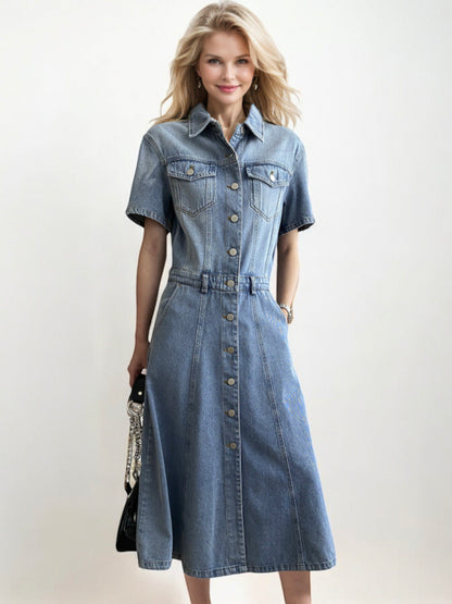 Button-Down Denim Midi Dress with Short Sleeves and Chest Pockets