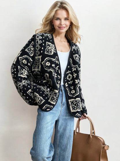 Oversized Open Front Knit Cardigan with Boho Print