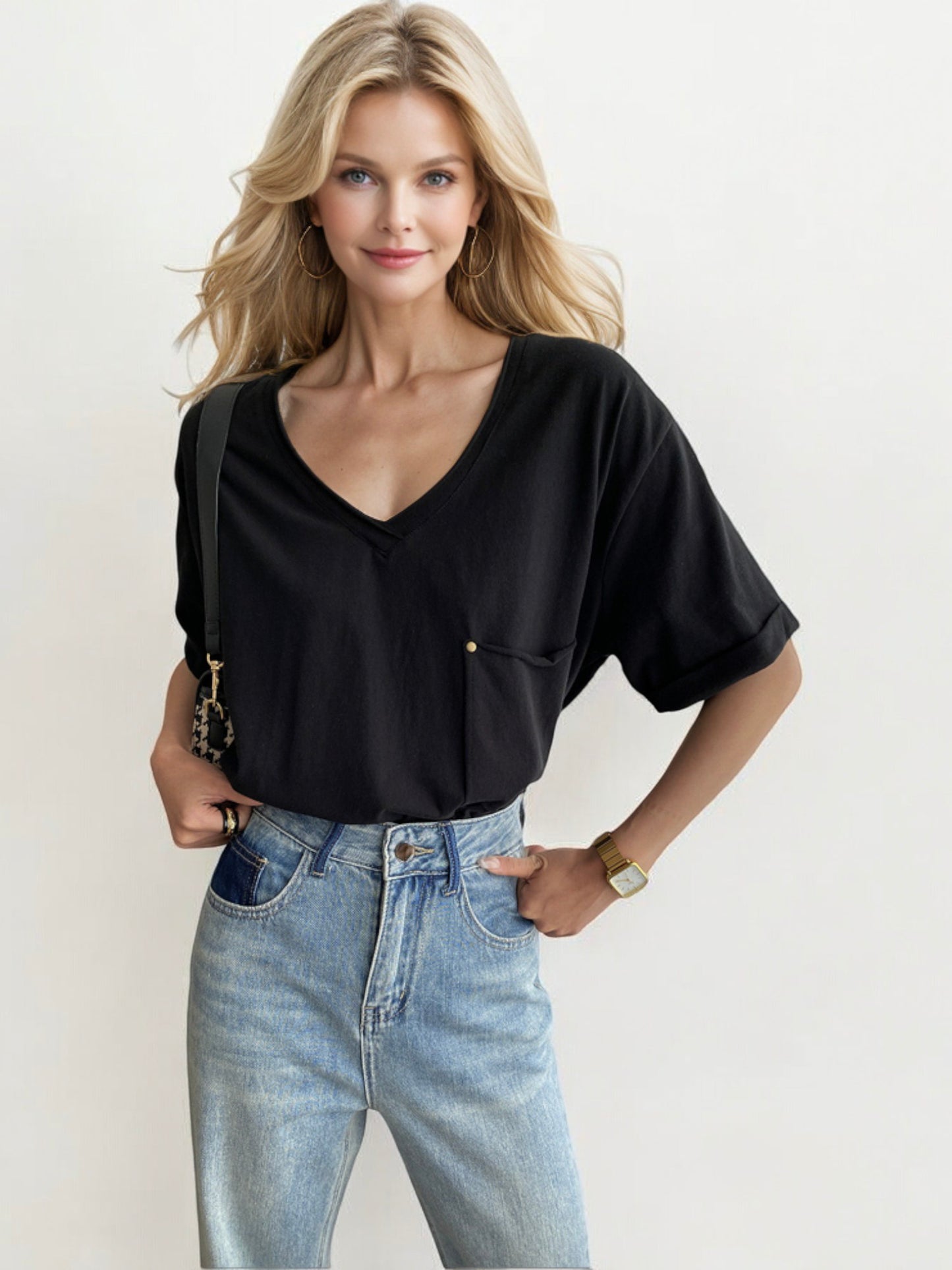 V-Neck Relaxed Fit Short Sleeve Top with Front Pocket