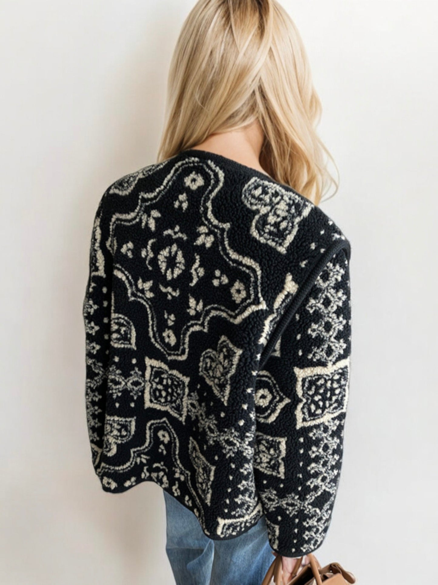 Oversized Open Front Knit Cardigan with Boho Print