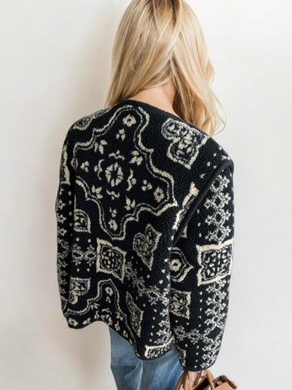 Oversized Open Front Knit Cardigan with Boho Print